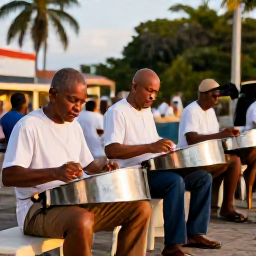 Caribbean Holidays, Trinidad January Holidays, Traditional Trinidadian steelpan musicians rehearsing outdoors in Port of Spain during warm evening light