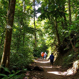 Caribbean Holidays, Trinidad January Holidays, Visitors exploring a lush Tobago rainforest trail near a waterfall, with tropical greenery and dappled sunlight