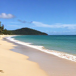 Caribbean Holidays, Trinidad January, Quiet tropical beach near Port of Spain, turquoise sea, golden sand and green hills in the distance