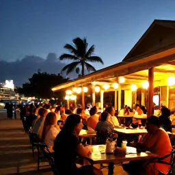 Caribbean Holidays, Trinidad January, Relaxed Port of Spain evening with outdoor dining, warm lights and people enjoying Caribbean city life