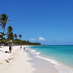 Caribbean Holidays, Trinidad January, Sunny Caribbean beach in Tobago with clear turquoise water, palm trees and a few relaxed travellers