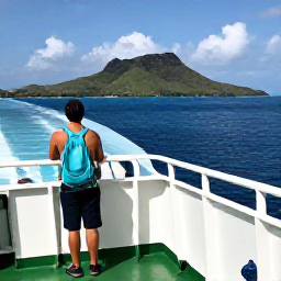 Caribbean Holidays, Trinidad January, Traveller crossing between Trinidad and Tobago by ferry, with Tobago&rsquo;s green hills and blue sea visible in the distance