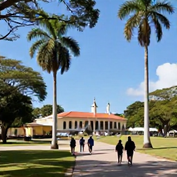 Caribbean Holidays, Trinidad January, Visitors walking through Queen's Park Savannah in Port of Spain with tropical trees, historic buildings and clear blue skies