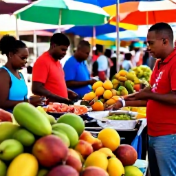 Caribbean Holidays, Trinidad January Wellness, Colourful Caribbean market in Trinidad and Tobago with fresh tropical fruit, local food stalls and friendly relaxed visitors