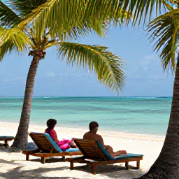 Caribbean Holidays, Trinidad January Wellness, Relaxed Tobago beach scene with palm trees, clear shallow water, wooden loungers and a couple enjoying a peaceful January afternoon