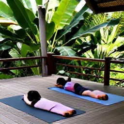 Caribbean Holidays, Trinidad January Wellness, Wellness retreat surrounded by lush tropical greenery in Trinidad, outdoor yoga mats, natural wooden deck and soft morning light