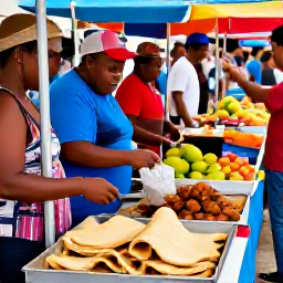 Caribbean Holidays, Trinidad July Breaks, A colourful Trinidadian food market with doubles, roti, tropical fruit and friendly vendors serving customers