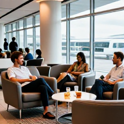 Caribbean Holidays, Trinidad July Business Class, Business class passengers relaxing in a modern airport lounge before a flight to Trinidad, comfortable seating, refreshments and natural light