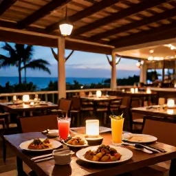 Caribbean Holidays, Trinidad July Business Class, Outdoor dining at a stylish Trinidad and Tobago restaurant in July, local Caribbean dishes, tropical drinks and relaxed evening lighting