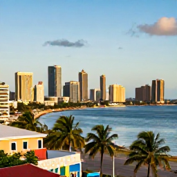 Caribbean Holidays, Trinidad July Business Class, Port of Spain waterfront and city skyline in warm July sunshine, palm trees, colourful buildings and the Gulf of Paria