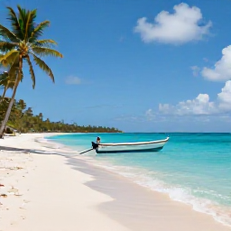 Caribbean Holidays, Trinidad July Business Class, Quiet beach in Tobago during July, clear turquoise water, soft sand, palm trees and a small traditional boat