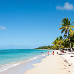 Caribbean Holidays, Trinidad July Holidays, Beautiful Pigeon Point beach in Tobago with calm turquoise water, white sand, palm trees and visitors enjoying a July holiday