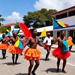 Caribbean Holidays, Trinidad July Holidays, Colourful Trinidad street festival in July with local dancers, musicians and Caribbean flags