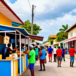 Caribbean Holidays, Trinidad July Holidays, Colourful Trinidad street scene with local food stalls, Caribbean music and friendly crowds in July