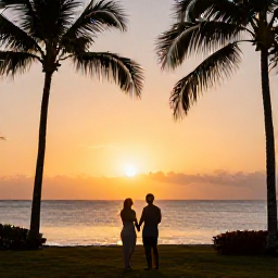 Caribbean Holidays, Trinidad July Holidays, Couple enjoying a sunset view from an all-inclusive resort in Trinidad and Tobago, palm-lined coast and warm evening light