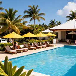 Caribbean Holidays, Trinidad July Holidays, Guests relaxing beside a tropical resort pool in Tobago during July, bright umbrellas, lush gardens and Caribbean sunshine