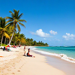 Caribbean Holidays, Trinidad July Holidays, Trinidad beach in July with calm turquoise sea, palm trees and visitors relaxing on golden sand