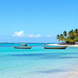 Caribbean Holidays, Trinidad July Hotspots, Clear turquoise water and small colourful fishing boats near Pigeon Point, Tobago, with palm trees and a bright Caribbean sky