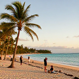 Caribbean Holidays, Trinidad July Hotspots, Golden-hour view of Maracas Bay, Trinidad, with palm trees, turquoise sea and visitors taking photographs from the beach