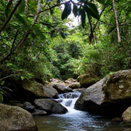 Caribbean Holidays, Trinidad July Hotspots, Rainforest trail and waterfall in Tobago's Main Ridge Forest Reserve, with lush leaves, natural rocks and a gentle stream