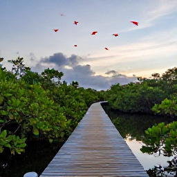 Caribbean Holidays, Trinidad July Hotspots, Wooden boardwalk through the Caroni Swamp wetlands at dusk, with mangroves, calm water and scarlet ibis flying overhead