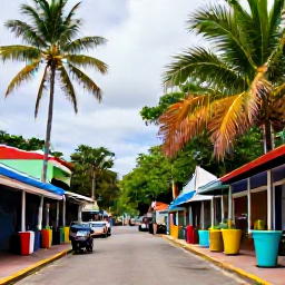 Caribbean Holidays, Trinidad June Breaks, Colourful Port of Spain street scene in June, with palm trees, tropical greenery and lively local shops