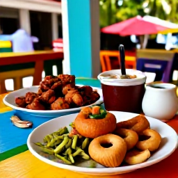 Caribbean Holidays, Trinidad June Breaks, Colourful Trinidadian street food and local dishes served at a relaxed outdoor caf&eacute; in Port of Spain