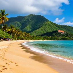 Caribbean Holidays, Trinidad June Breaks, Tropical Maracas Bay beach near Port of Spain with green mountains, golden sand and calm Caribbean water