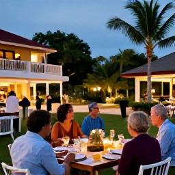 Caribbean Holidays, Trinidad June Holidays, A friendly evening at an all-inclusive Caribbean resort in Trinidad and Tobago, with guests dining outdoors, soft lights and tropical gardens