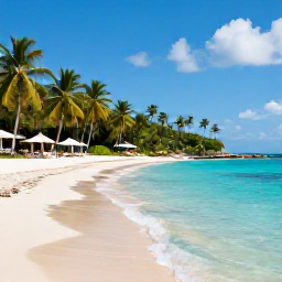 Caribbean Holidays, Trinidad June Holidays, A relaxed Caribbean beach in Trinidad and Tobago in June, with clear turquoise water, palm trees and a comfortable all-inclusive resort setting