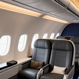 Caribbean Holidays, Trinidad June Holidays, Business class cabin on a modern aircraft, comfortable seats, warm lighting, Caribbean travel atmosphere