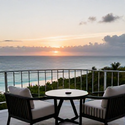 Caribbean Holidays, Trinidad June Holidays, Elegant Caribbean hotel terrace overlooking the sea at sunset, comfortable seating and discreet business-class holiday luxury