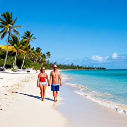 Caribbean Holidays, Trinidad June Holidays, Tropical Tobago beach with clear turquoise water, soft sand, palm trees and a relaxed couple walking along the shore