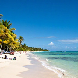 Caribbean Holidays, Trinidad June Holidays, Tropical Trinidad beach in June with calm turquoise water, palm trees and travellers relaxing beneath sunshine