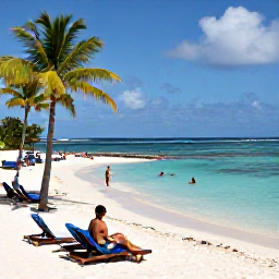 Caribbean Holidays, Trinidad June Holidays, Visitors enjoying a bright tropical beach and resort pool in Tobago during June, with sun loungers, palm trees and calm Caribbean water