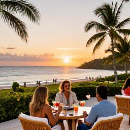 Caribbean Holidays, Trinidad Luxury February, Elegant luxury hotel terrace overlooking a Caribbean beach in Trinidad and Tobago, guests enjoying sunset drinks and tropical gardens
