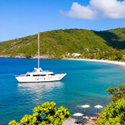 Caribbean Holidays, Trinidad Luxury February, Luxury yacht sailing beside the coast of Tobago in February, clear blue water, green hills and secluded sandy coves