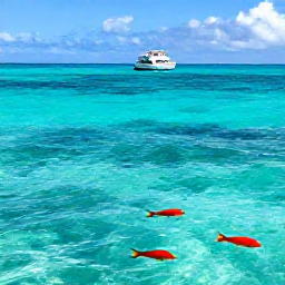Caribbean Holidays, Trinidad Luxury Holidays, Clear Caribbean water, snorkeller and colourful tropical fish near Tobago, with a small boat in the background