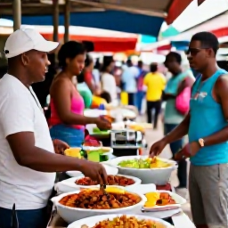 Caribbean Holidays, Trinidad Luxury Holidays, Colourful Trinidad street food market with local dishes, friendly vendors and visitors exploring in June