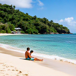 Caribbean Holidays, Trinidad Luxury Holidays, Couple relaxing on a secluded Tobago beach in June, calm turquoise water, golden sand and lush hills