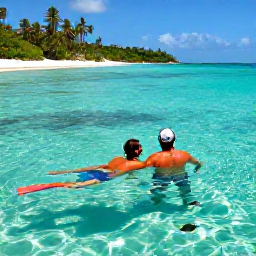 Caribbean Holidays, Trinidad Luxury Holidays, Couple snorkelling in clear Caribbean water near Tobago, colourful fish and a quiet sandy beach in the background