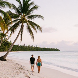 Caribbean Holidays, Trinidad Luxury Holidays, Couple walking on a quiet tropical beach in Tobago in November, warm evening light, palm trees and calm Caribbean water