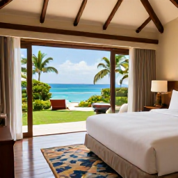 Caribbean Holidays, Trinidad Luxury Holidays, Elegant hotel suite overlooking a tropical garden and sea in Tobago, soft natural light, luxury Caribbean travel