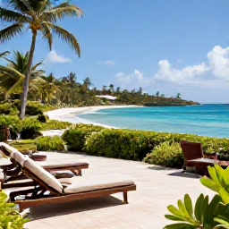 Caribbean Holidays, Trinidad Luxury Holidays, Elegant luxury hotel terrace overlooking a tropical beach in Tobago, with sun loungers, lush greenery and blue water