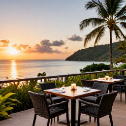 Caribbean Holidays, Trinidad Luxury Holidays, Elegant luxury hotel terrace overlooking a tropical Caribbean bay in Trinidad and Tobago, stylish outdoor dining, lush vegetation and sunset