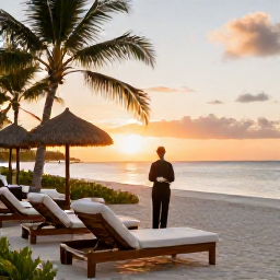 Caribbean Holidays, Trinidad Luxury Holidays, Elegant luxury hotel terrace overlooking a tropical Caribbean beach at sunset, comfortable loungers and discreet service