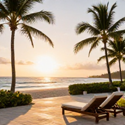 Caribbean Holidays, Trinidad Luxury Holidays, Elegant luxury hotel terrace overlooking a tropical Caribbean beach in Trinidad, comfortable loungers, palms and sunset light