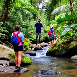 Caribbean Holidays, Trinidad Luxury Holidays, Guided rainforest walk in Trinidad near a waterfall, with tropical plants, a clear stream and visitors in comfortable walking clothes