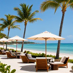 Caribbean Holidays, Trinidad Luxury Holidays, Luxury beachfront resort in Trinidad and Tobago during November, palm trees, calm turquoise sea and elegant outdoor lounge