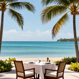 Caribbean Holidays, Trinidad Luxury Holidays, Luxury beachfront resort in Trinidad and Tobago during September, with palm trees, calm turquoise sea and elegant outdoor dining